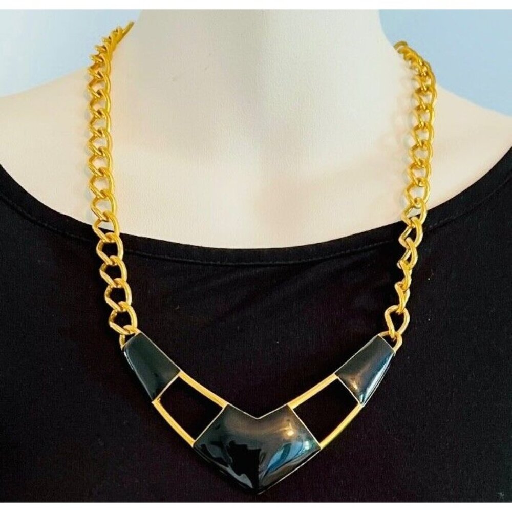 MONET Black Enamel Necklace Gold Plated Huge Runway Bib Necklace 20" 1980s